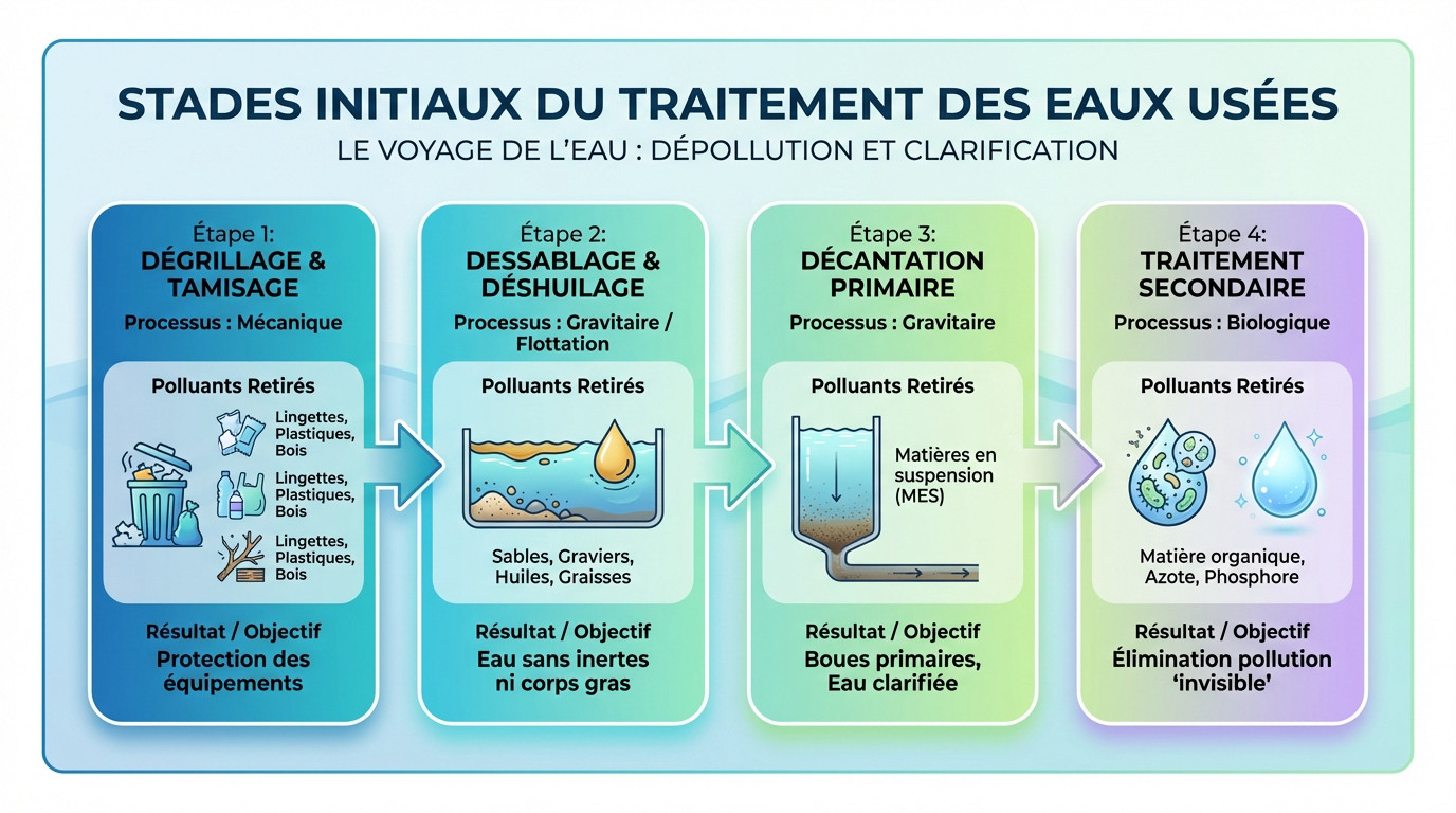 Schéma illustrant les étapes de dégrillage et de tamisage dans une station d'épuration
