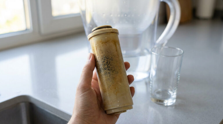 Hand holding a visibly dirty water filter cartridge, contrasting with a clean water pitcher and glass on a modern kitchen counter.