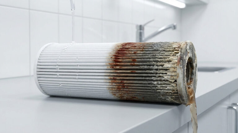 A cylindrical water filter, half pristine white with water droplets, half heavily clogged with rust, sediment, and calcification, dripping murky water.