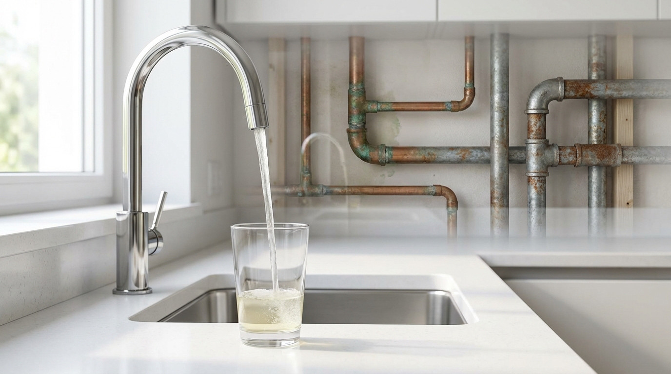 Modern kitchen sink with water flowing into a glass. Transparent wall shows corroded copper and galvanized pipes, hinting at water impurities.