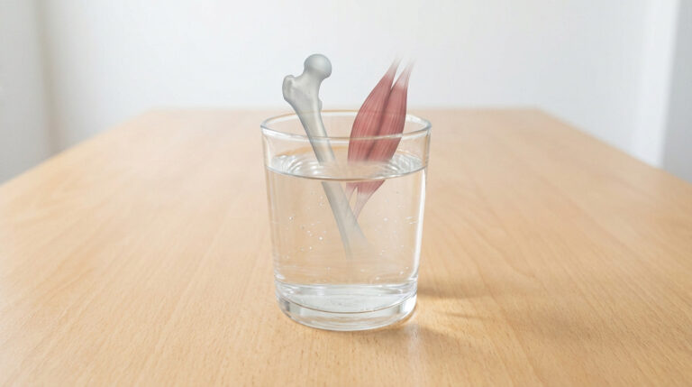 Crystal-clear water in a glass on a wooden surface, with translucent bone and muscle, signifying vital nourishment for health.