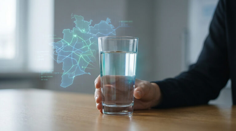 A hand holds a clear glass of water, with a glowing blue-green digital map overlay in the background, symbolizing water quality data.