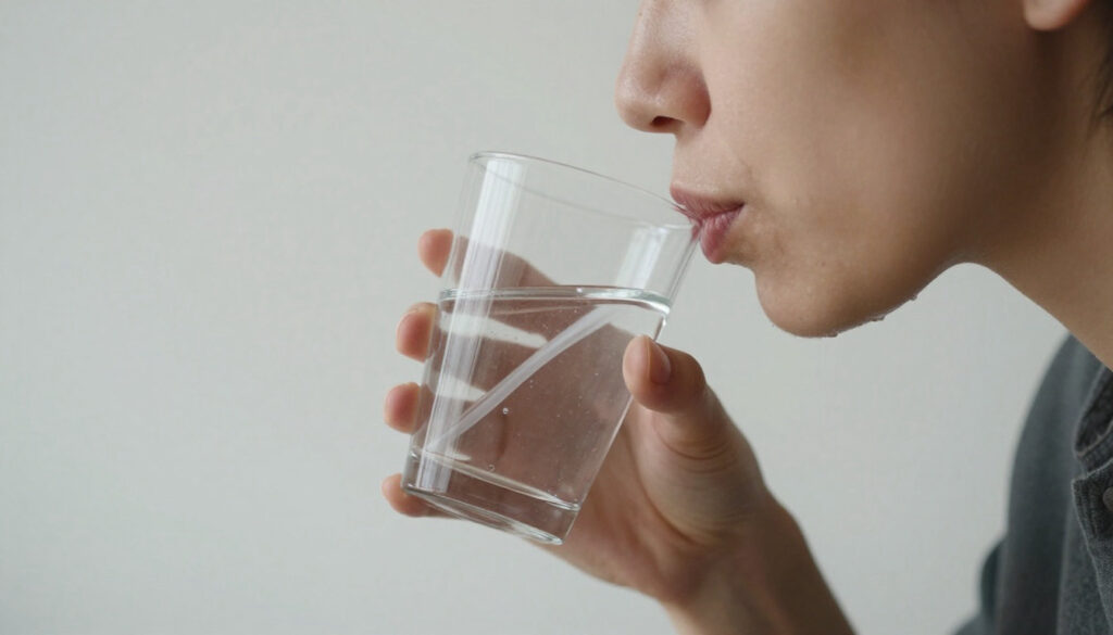 Gros plan sur une personne buvant de l'eau d'un verre, des gouttes sont visibles sur le menton et autour de la bouche.