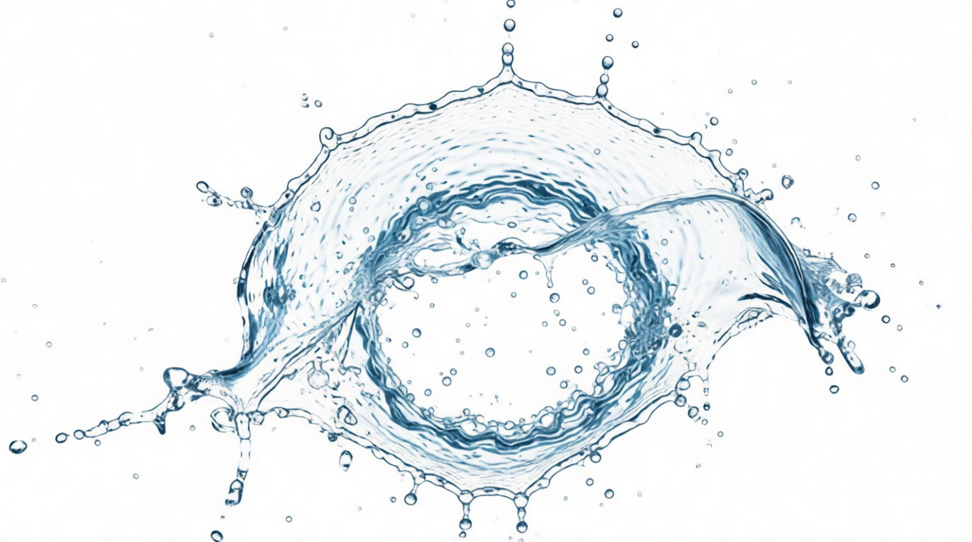 Éclaboussure d'eau transparente formant un anneau dynamique avec de nombreuses gouttelettes dispersées sur fond blanc.
