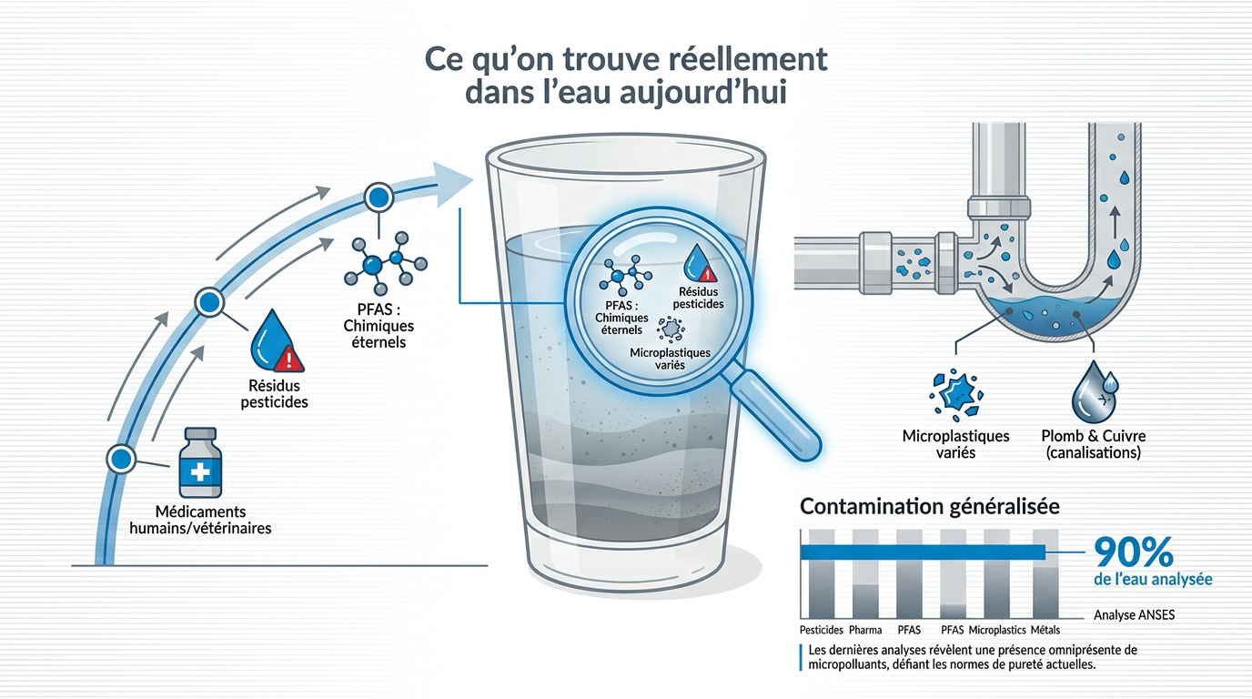 Représentation des polluants invisibles et microplastiques dans l'eau potable