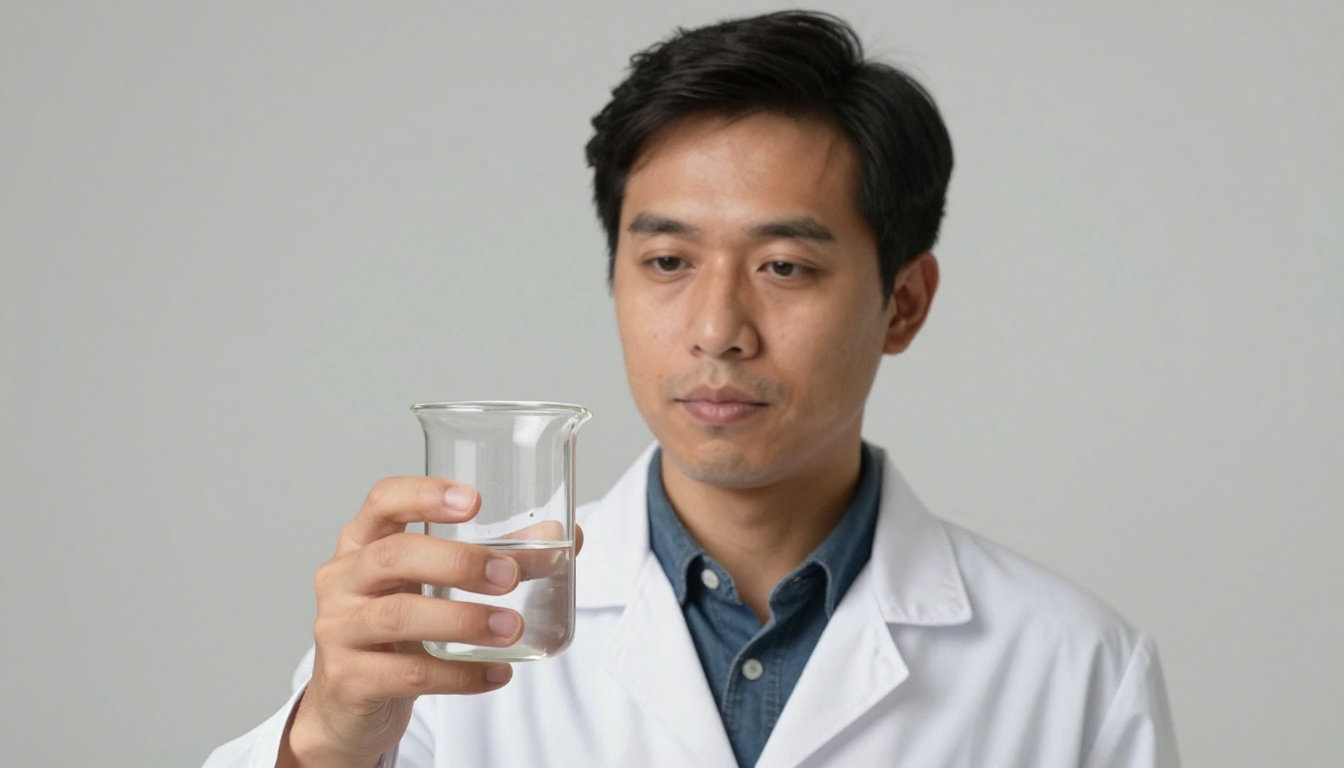 Un scientifique en blouse blanche examine attentivement un bécher contenant un liquide transparent.