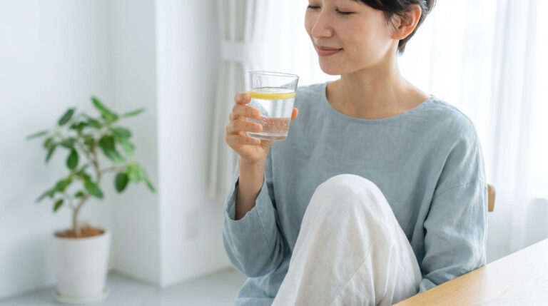 Une femme souriante tient un verre d'eau avec une tranche de citron dans un intérieur lumineux.