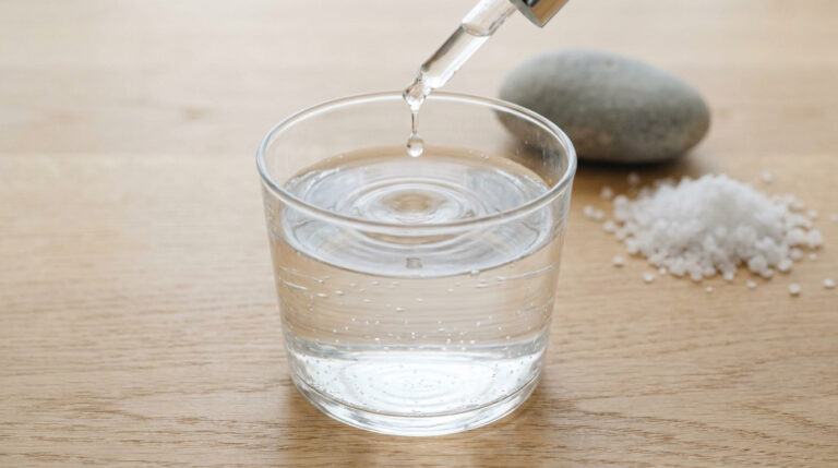 Une goutte de minéraux tombe d'une pipette dans un verre d'eau posé sur une table en bois avec du sel et un galet.