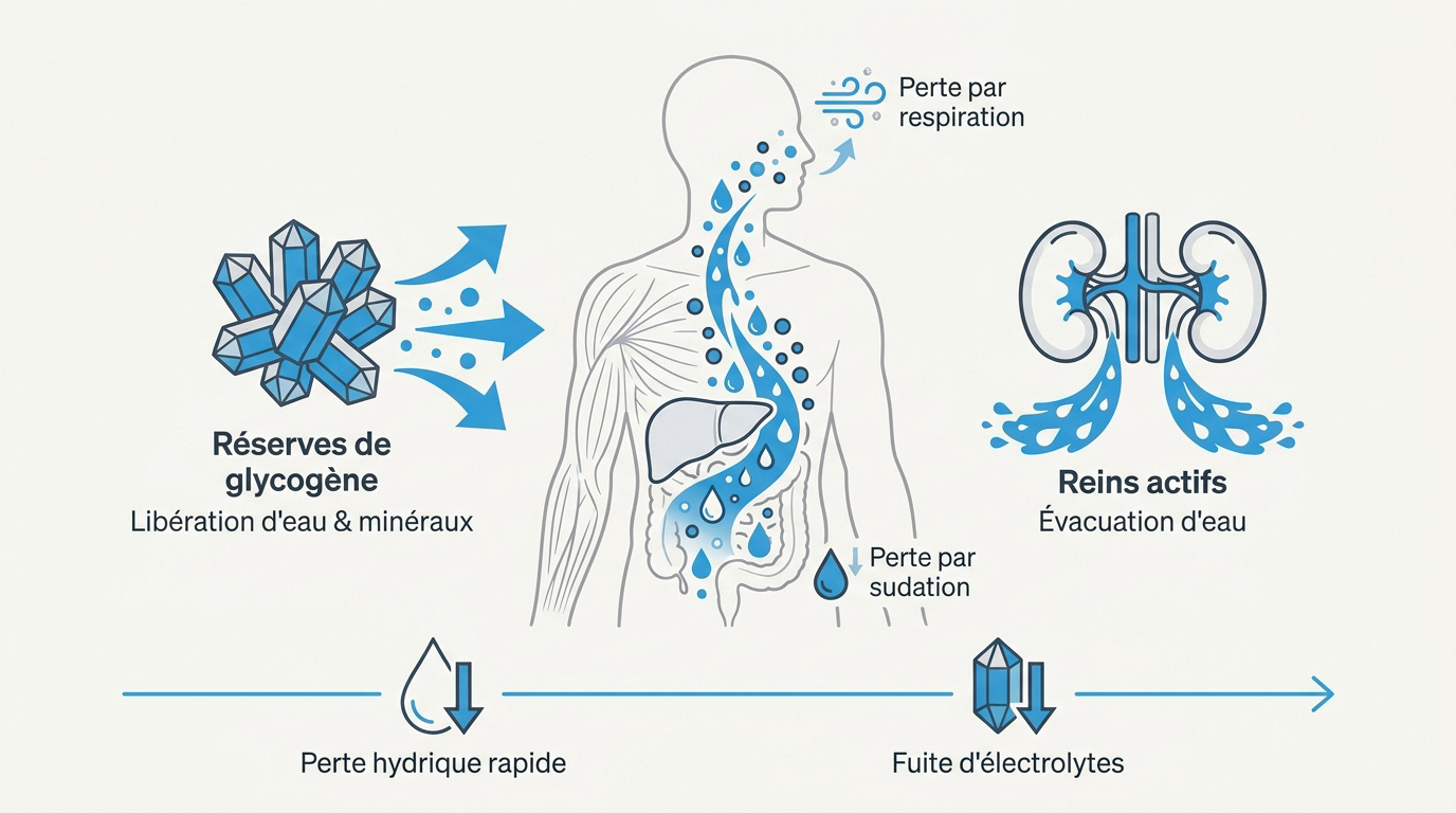 Infographie expliquant la perte de glycogène et d'eau durant le jeûne