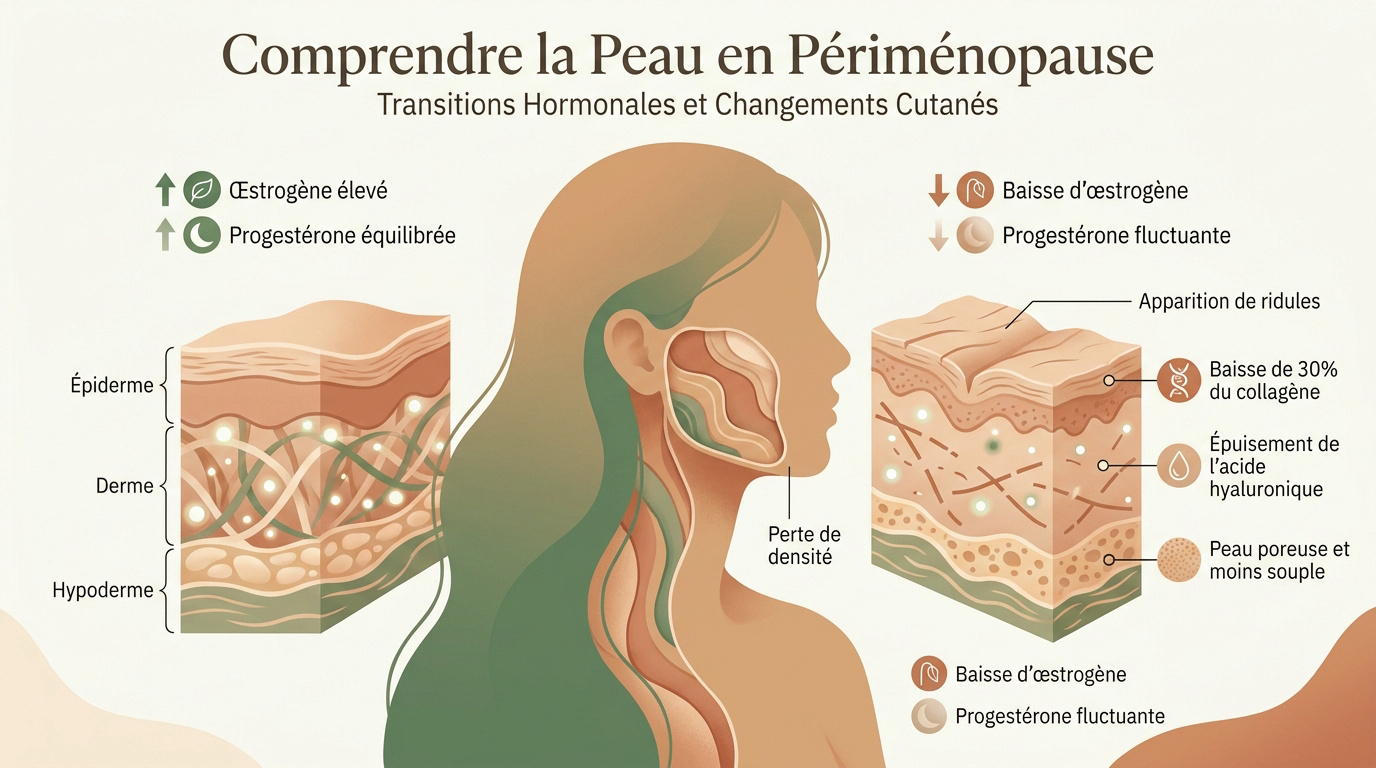 Schéma des changements hormonaux et de l'hydratation de la peau en périménopause