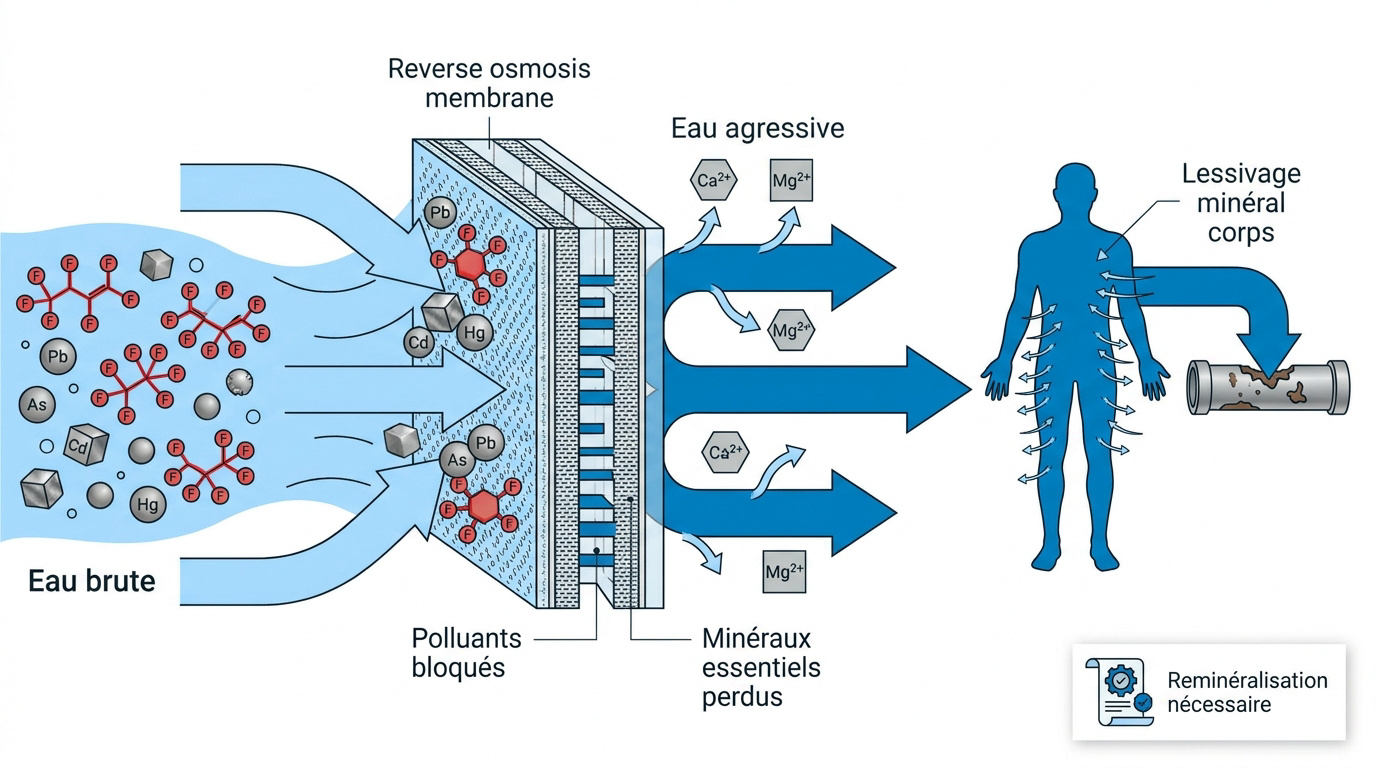 Schéma d'un système d'osmose inverse et processus de reminéralisation de l'eau