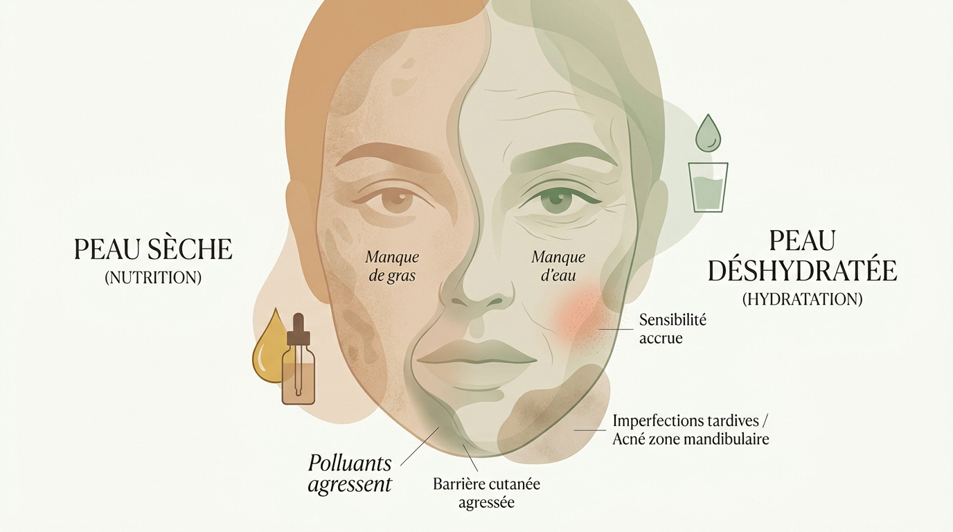 Comparaison visuelle entre une peau sèche manquant de lipides et une peau déshydratée manquant d'eau