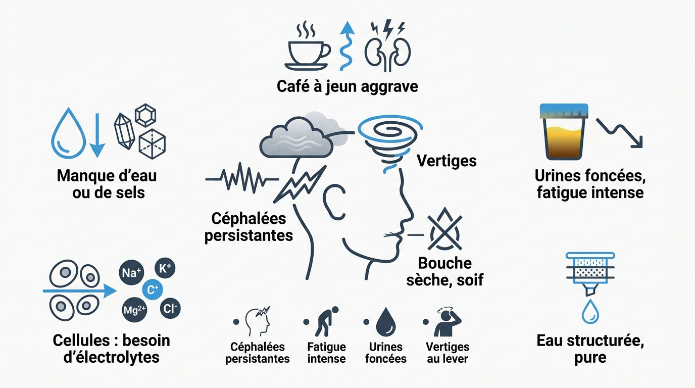 Infographie détaillant les symptômes physiques de la déshydratation pendant une période de jeûne