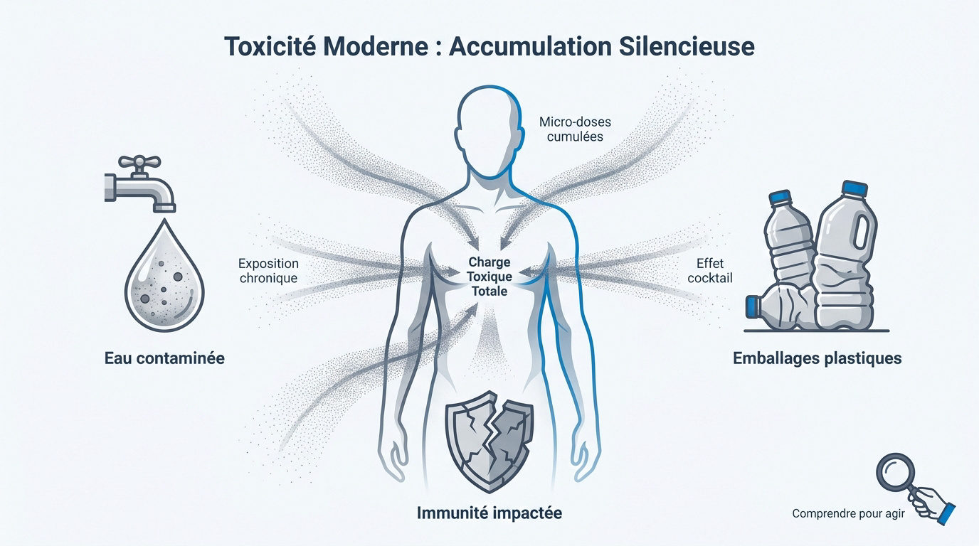 Représentation de l'accumulation de toxines et microplastiques dans l'organisme humain