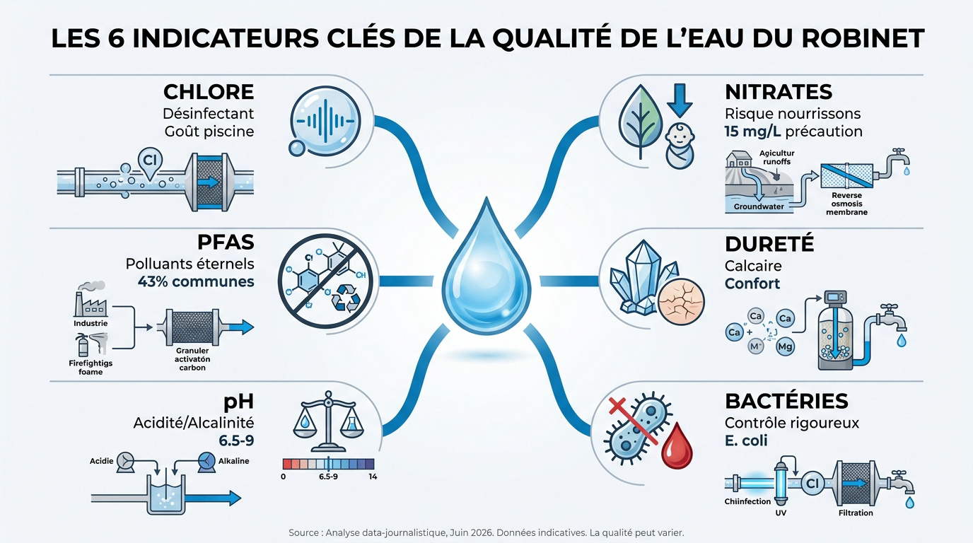 Infographie des 6 indicateurs de la qualité de l'eau du robinet incluant chlore, nitrates et PFAS