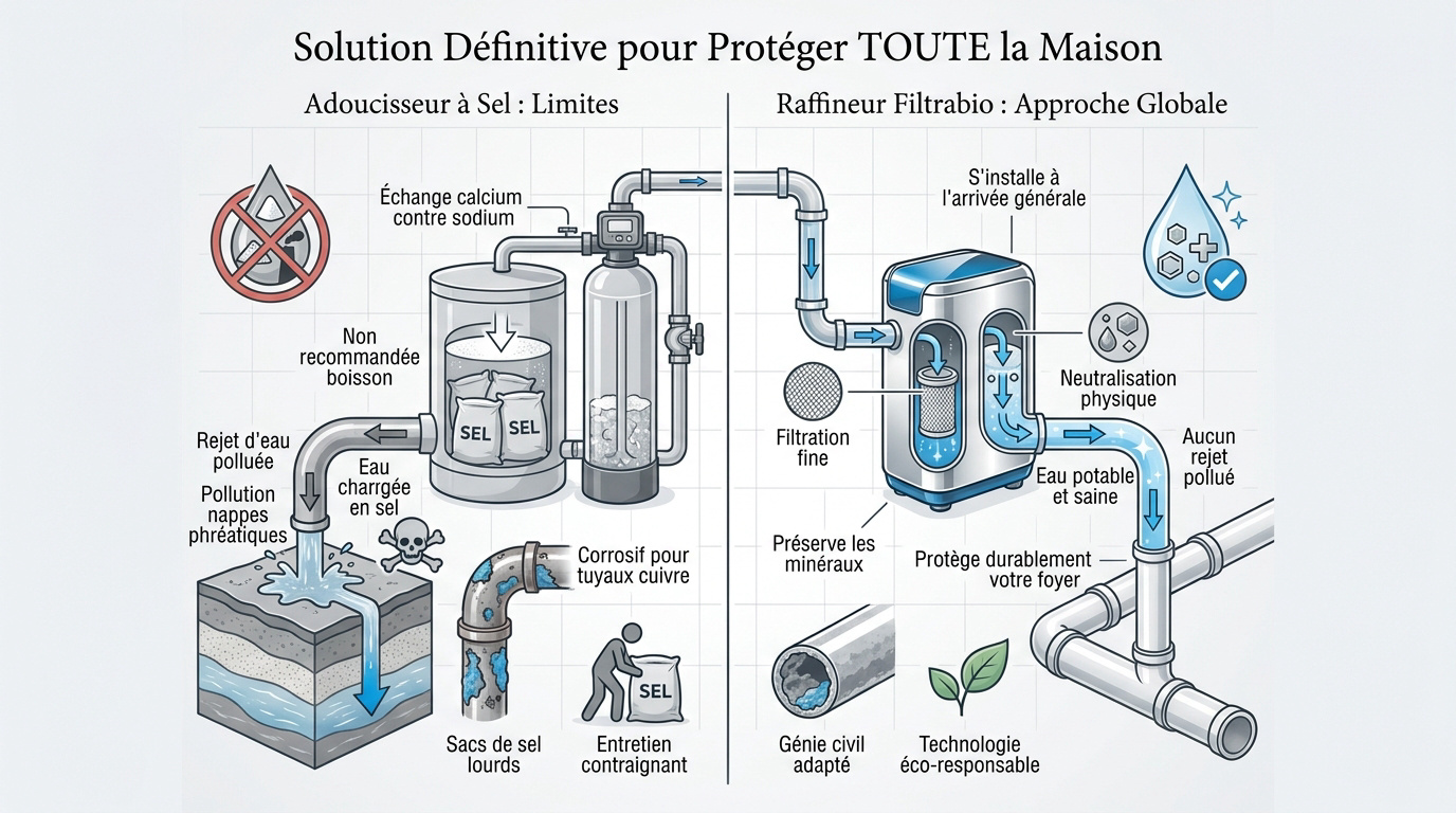 Comparaison technique entre un adoucisseur à sel classique et un raffineur d'eau Filtrabio pour la maison