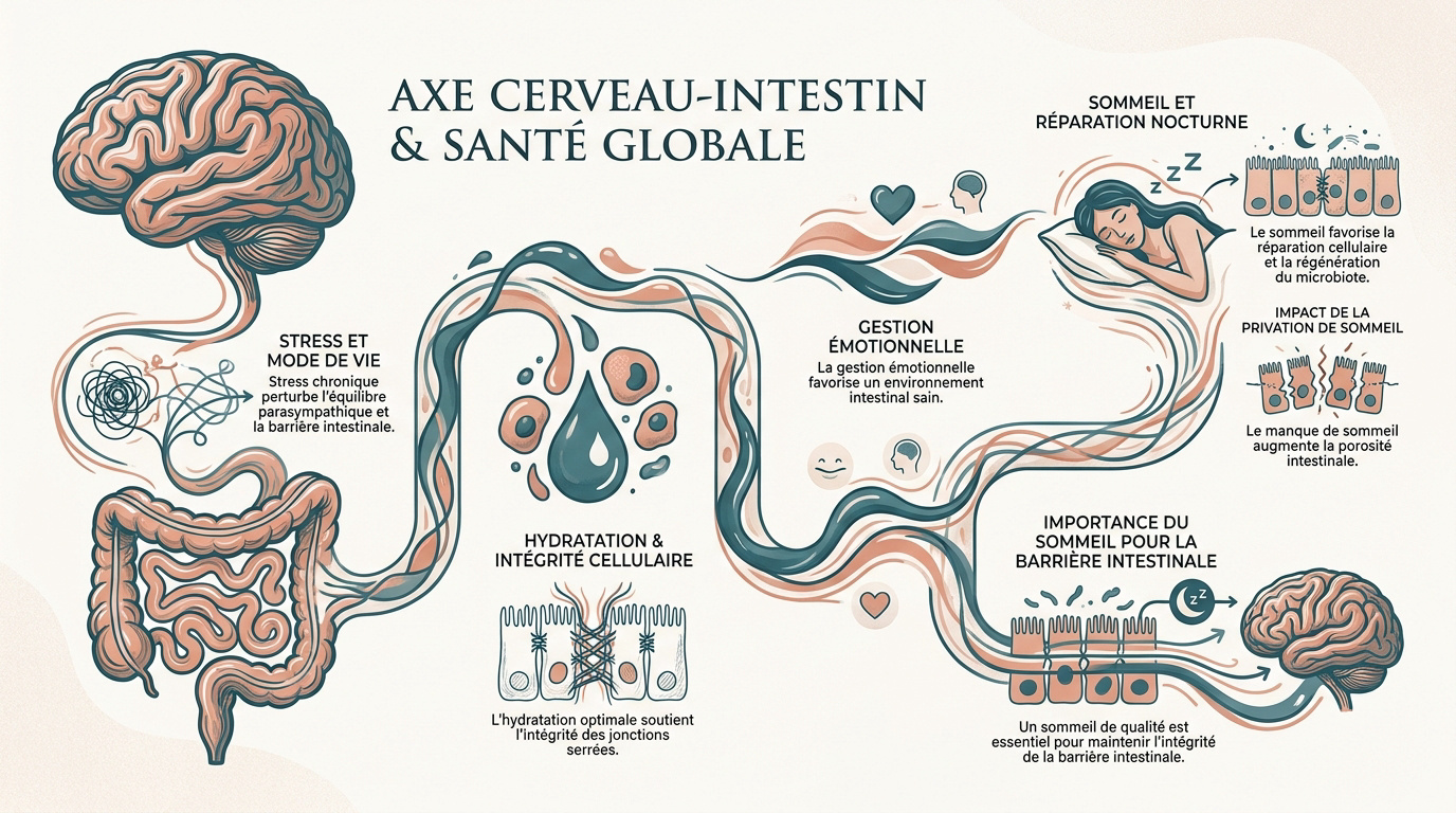 Schéma explicatif de l'axe cerveau-intestin et de la perméabilité intestinale