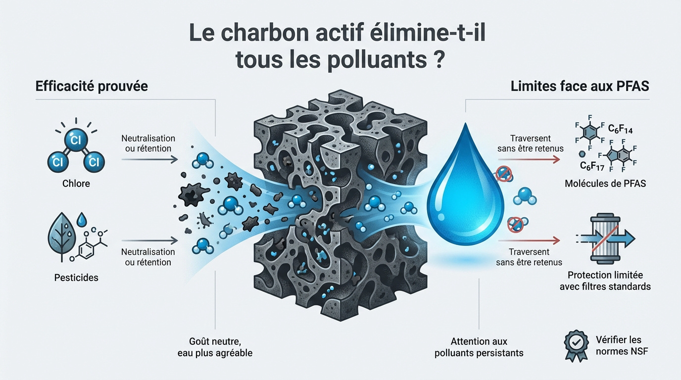 Schéma de l'adsorption des polluants par les pores du charbon actif