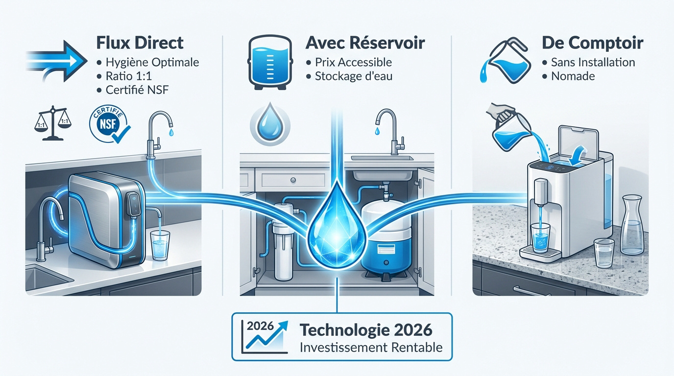 Comparaison des différents types d'osmoseurs domestiques flux direct, réservoir et comptoir