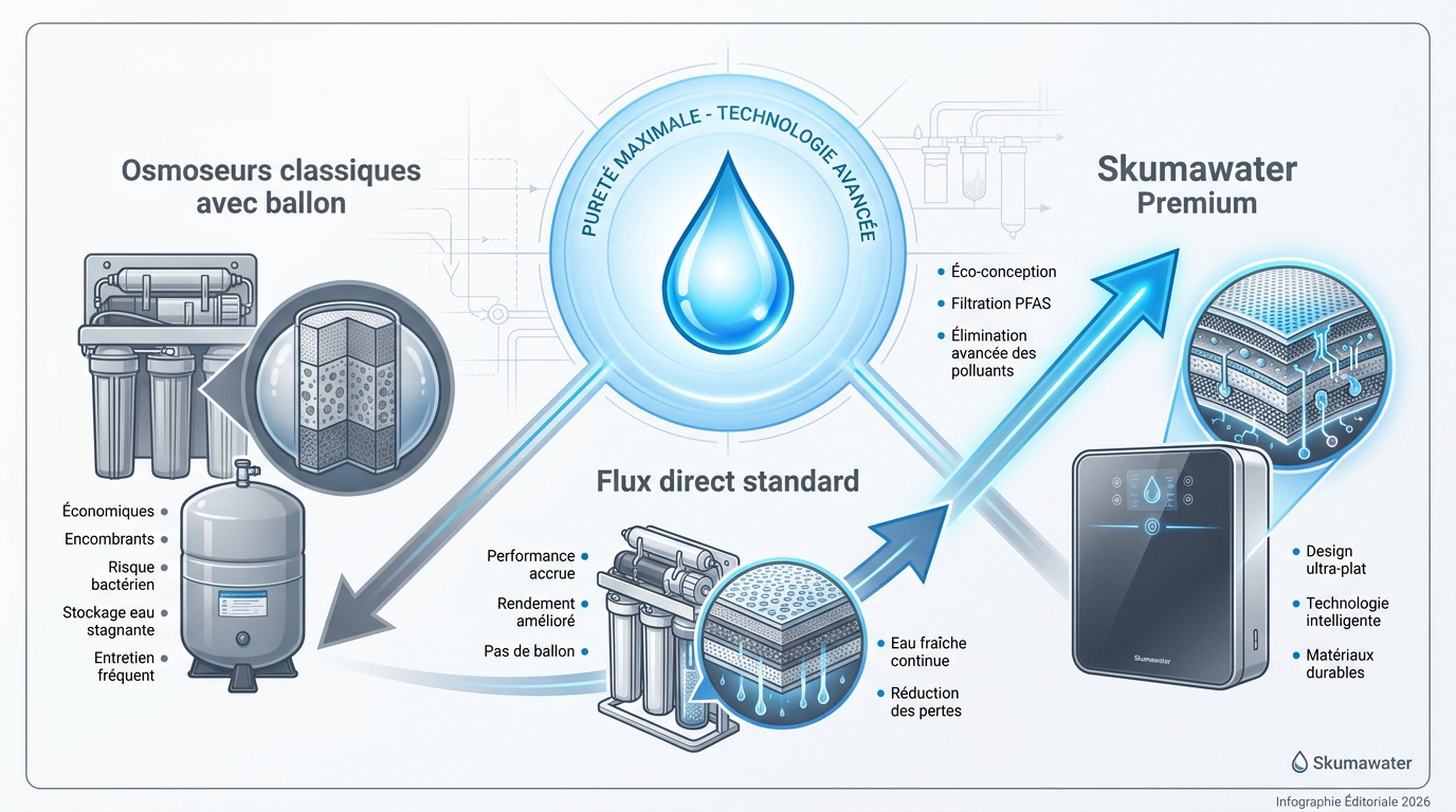 Tableau comparatif des performances entre osmoseur classique, flux direct et Skumawater