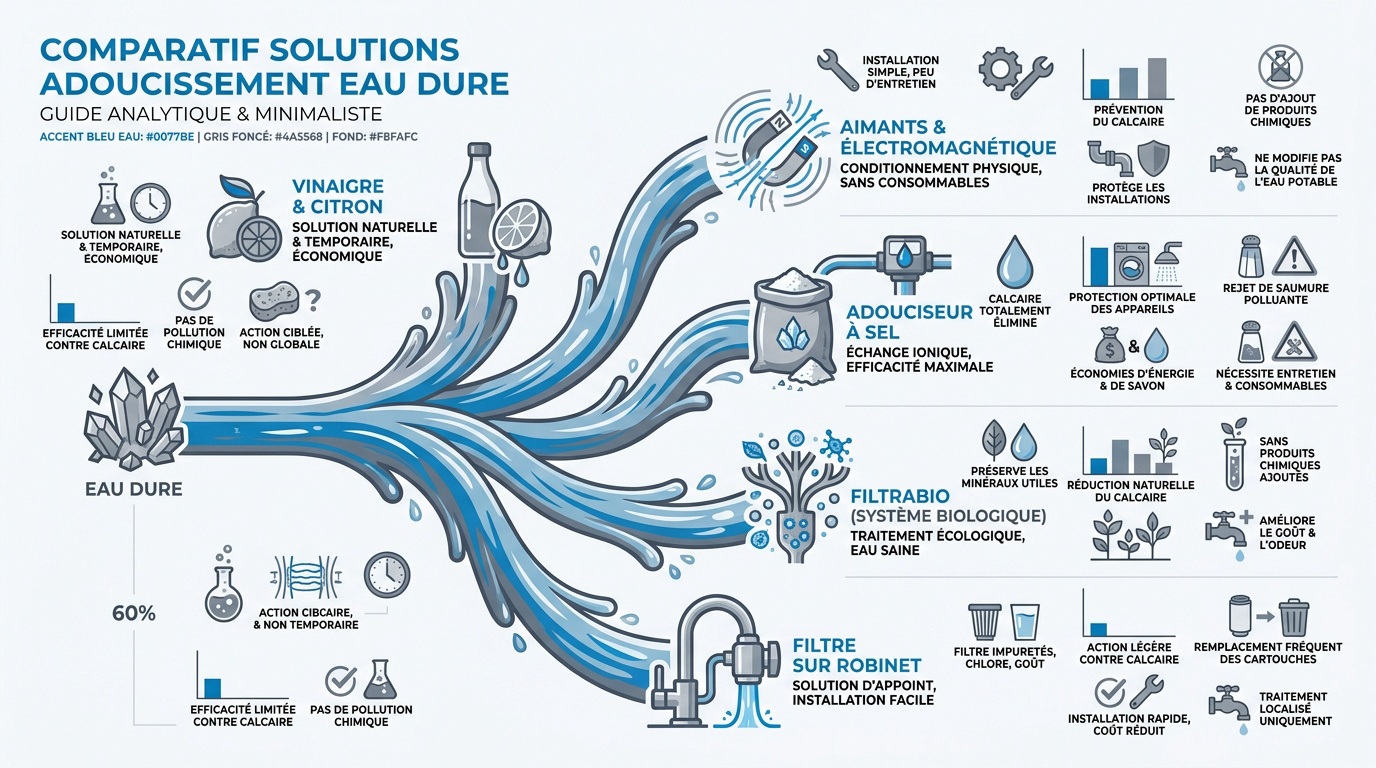 Tableau comparatif des solutions contre l'eau dure : adoucisseur, raffineur et filtre