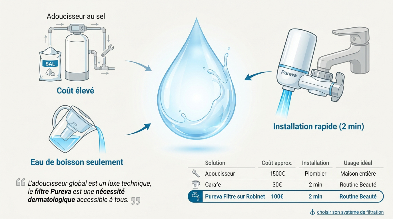 Comparatif entre adoucisseur au sel et filtre de robinet Pureva pour le traitement du calcaire