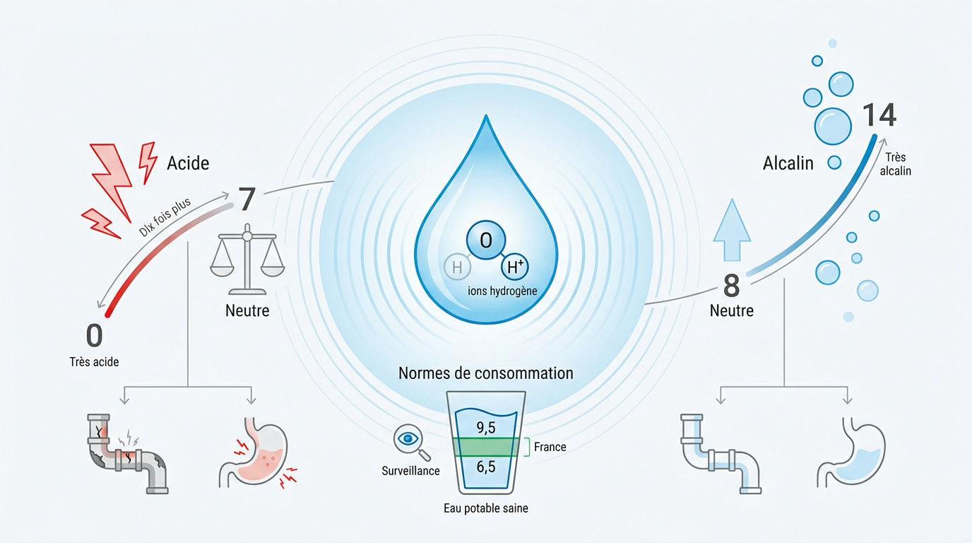 Échelle du pH de l'eau indiquant les zones acide, neutre et alcaline