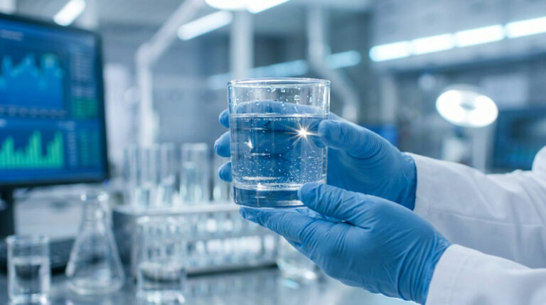 Un chercheur en gants bleus tient un verre d'eau claire dans un laboratoire équipé d'instruments scientifiques.
