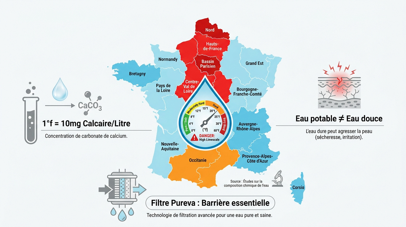 Carte de la dureté de l'eau en France par département montrant les zones calcaires