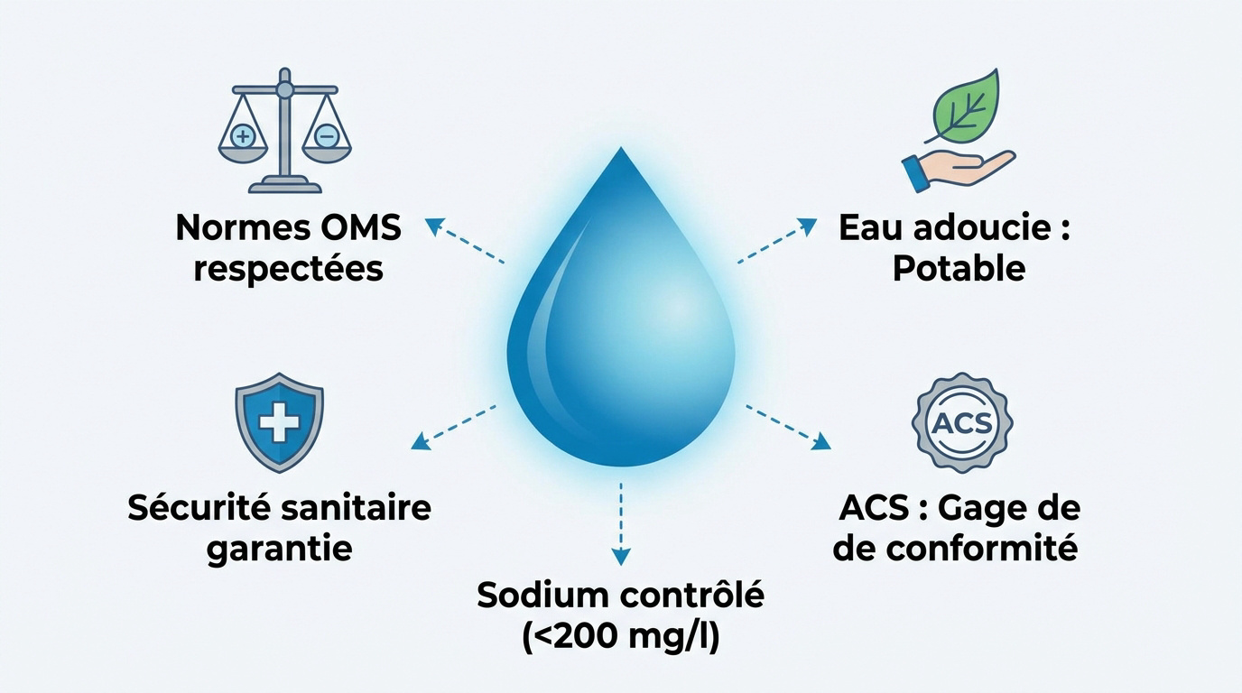 Eau adoucie sortant d'un robinet, limpide et conforme aux normes sanitaires