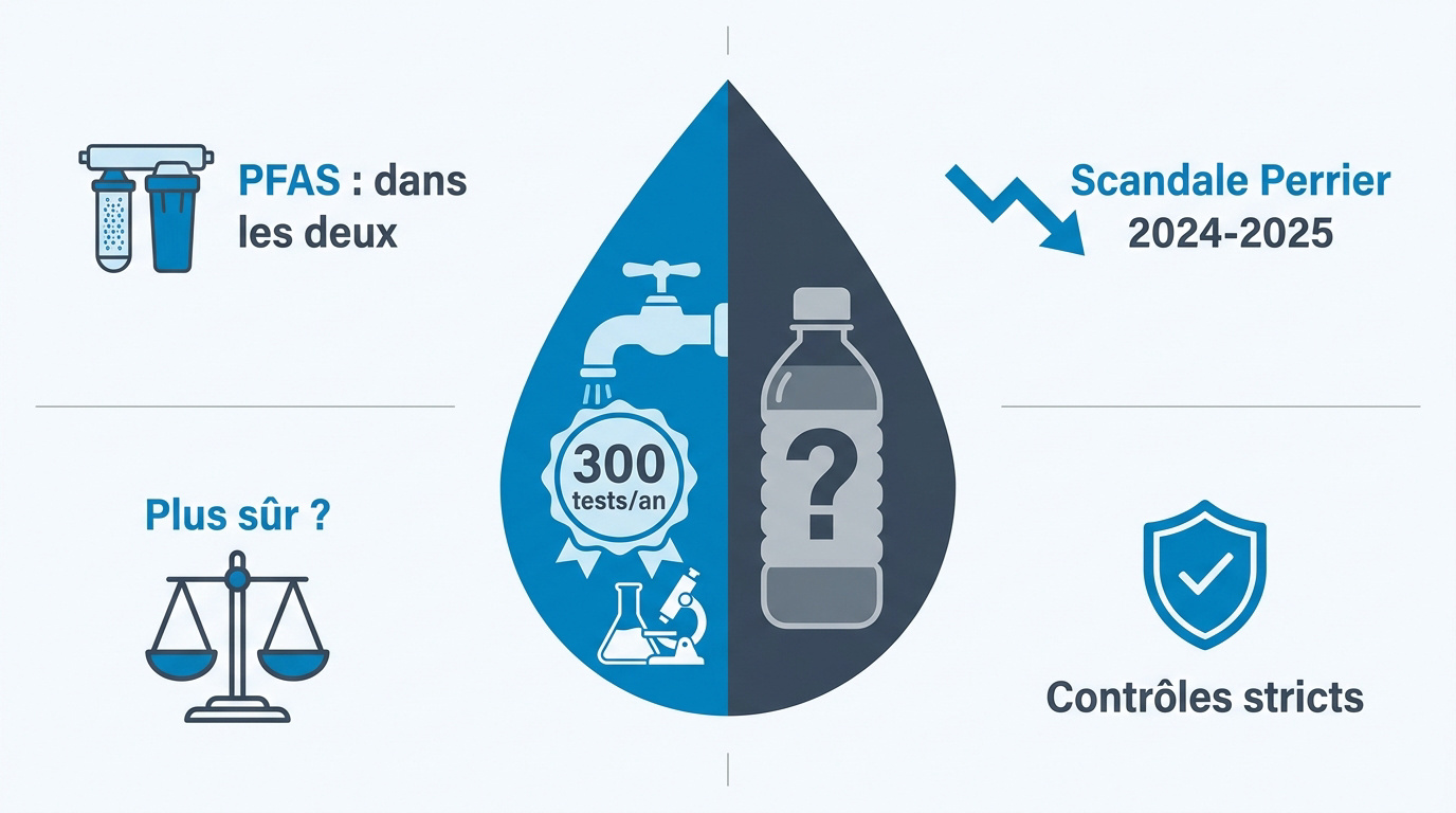 Comparaison visuelle entre un verre d'eau du robinet et une bouteille d'eau en plastique