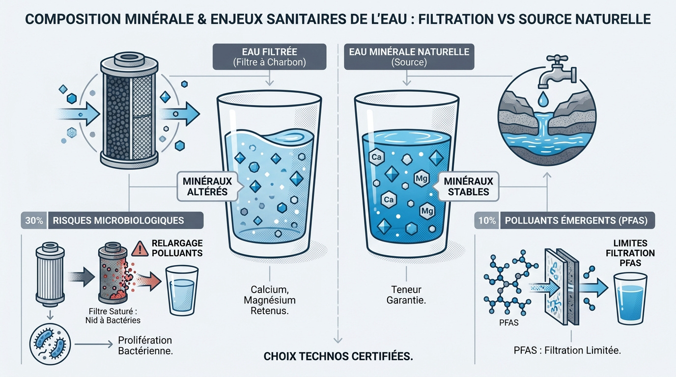 Comparaison visuelle entre pureté de l'eau minérale et système de filtration domestique
