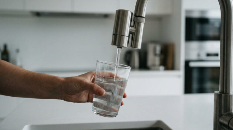 Une main tenant un verre sous un robinet de cuisine moderne pour le remplir d'eau.