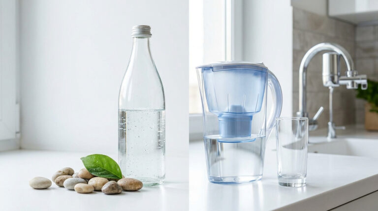Comparaison visuelle entre une bouteille d'eau en verre avec des galets et une carafe filtrante sur un plan de travail.