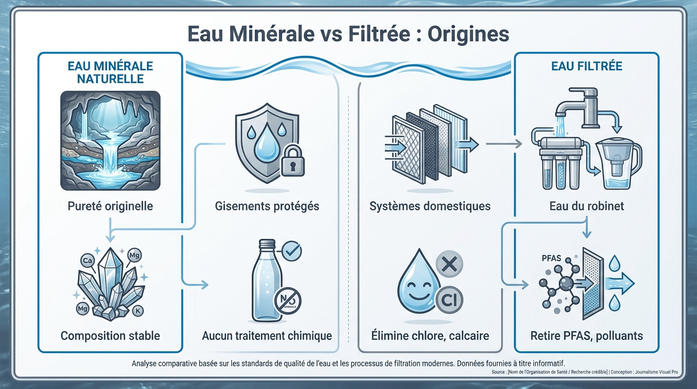 Bouteille d'eau minérale et carafe filtrante