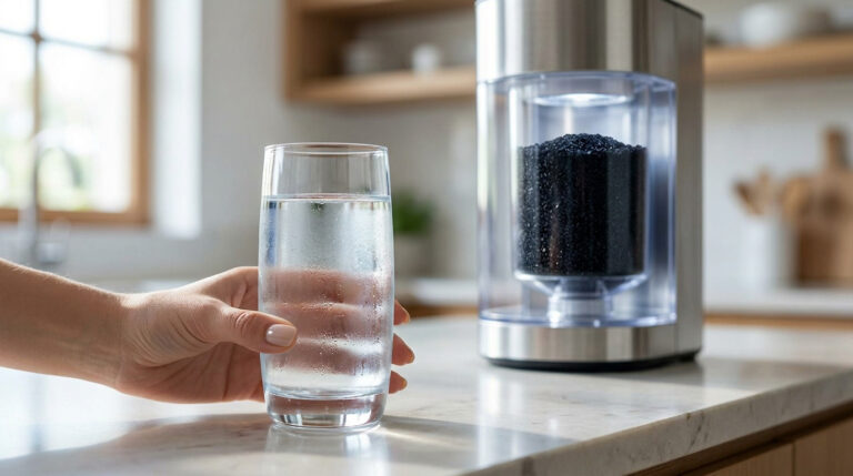 Une main tient un verre d'eau fraîche près d'un purificateur d'eau moderne contenant du charbon actif dans une cuisine.