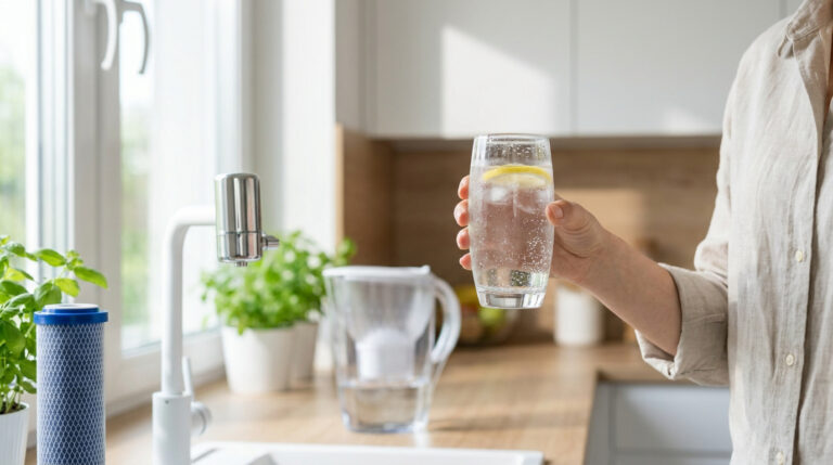 Une personne tient un verre d'eau filtrée avec du citron devant un robinet de cuisine et une carafe filtrante.