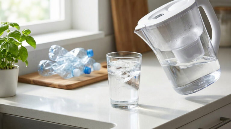 Une carafe filtrante verse de l'eau dans un verre à côté de bouteilles en plastique vides sur un comptoir de cuisine.