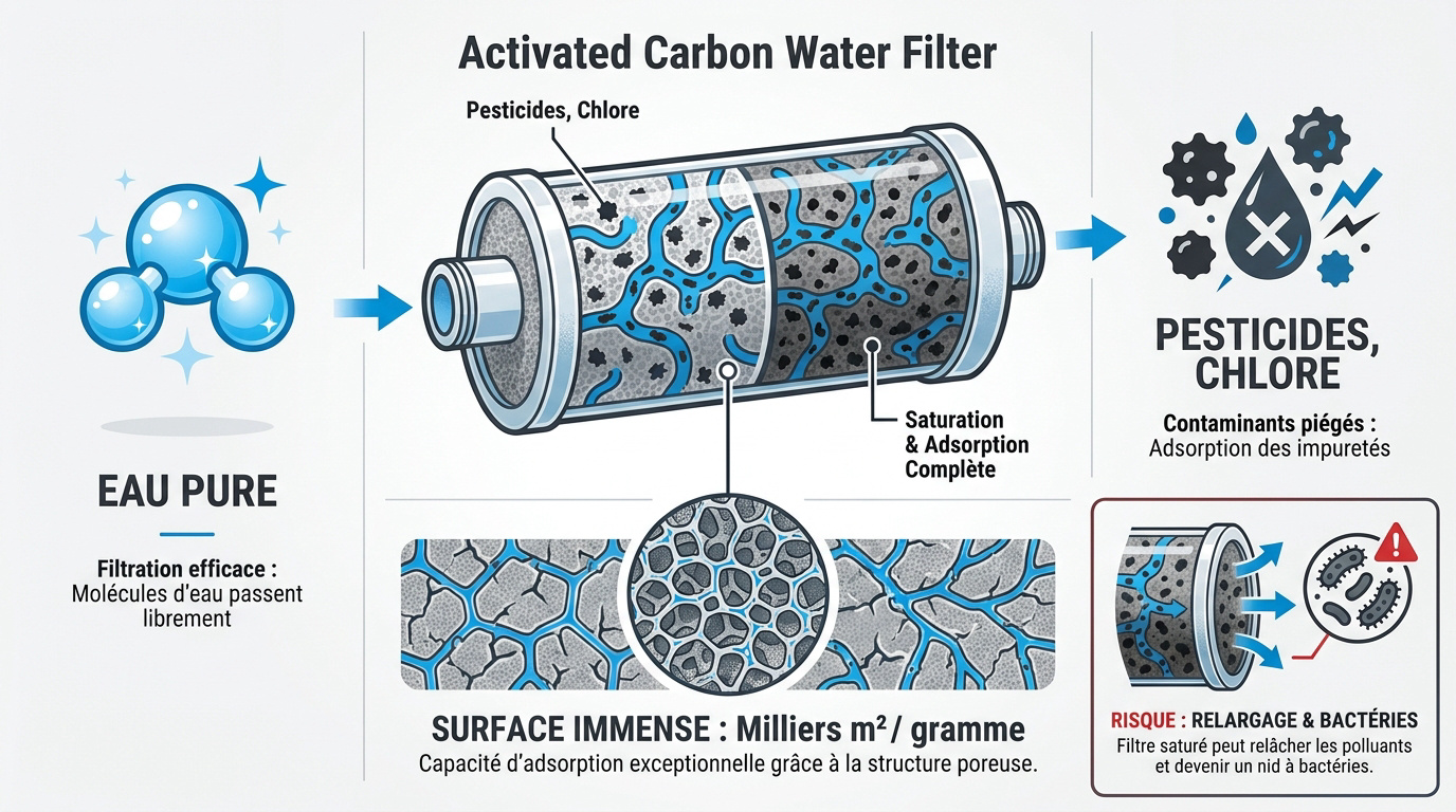 Schéma expliquant le processus d'adsorption des polluants par le charbon actif dans l'eau