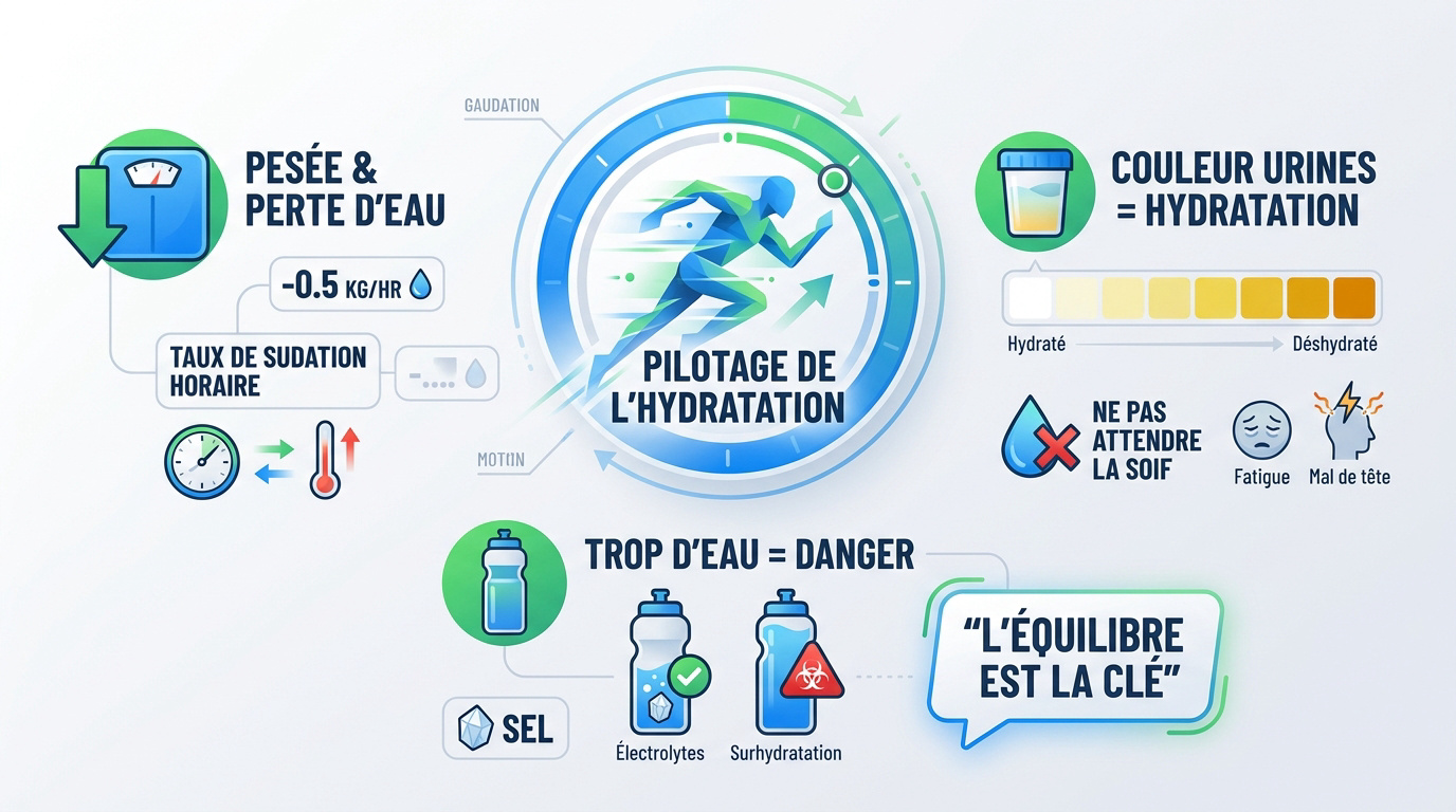 Infographie expliquant le calcul du taux de sudation et le suivi de l'hydratation chez le sportif