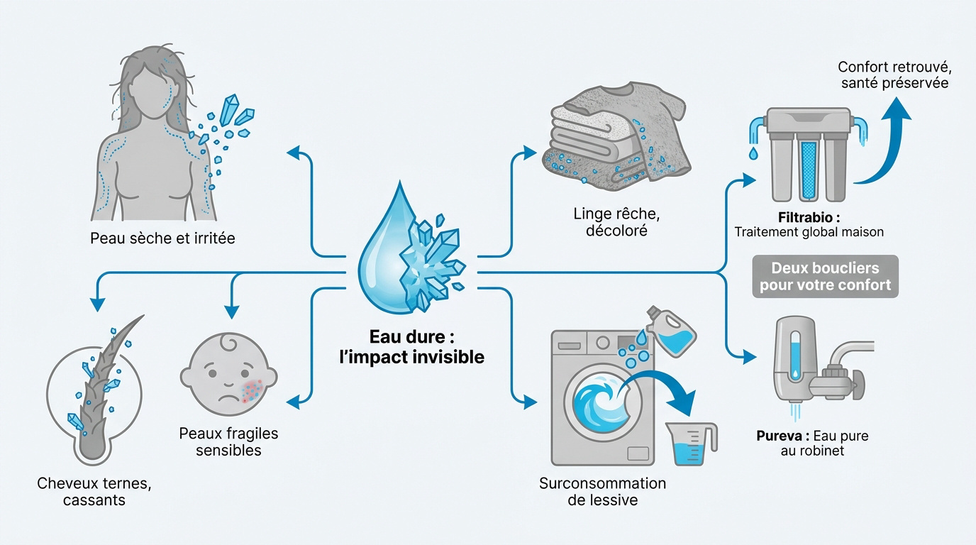 Impact de l'eau dure sur la peau, le linge et les appareils ménagers avec solutions de filtrage