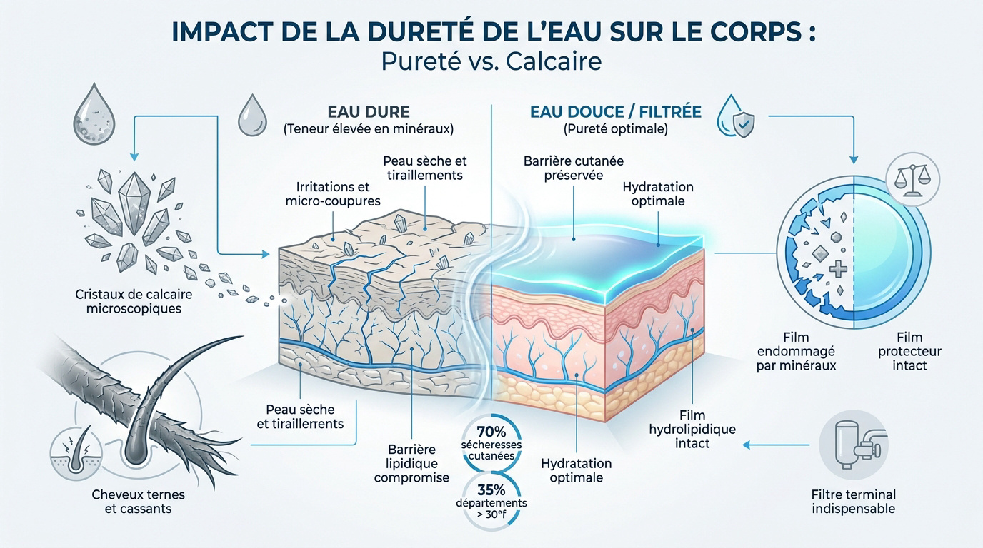 Comparaison entre une peau agressée par le calcaire et une peau hydratée protégée par un filtre