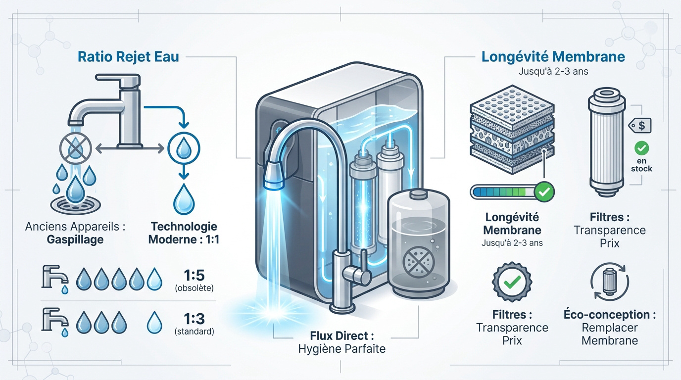 Infographie expliquant le fonctionnement de l'osmoseur domestique et la filtration des polluants