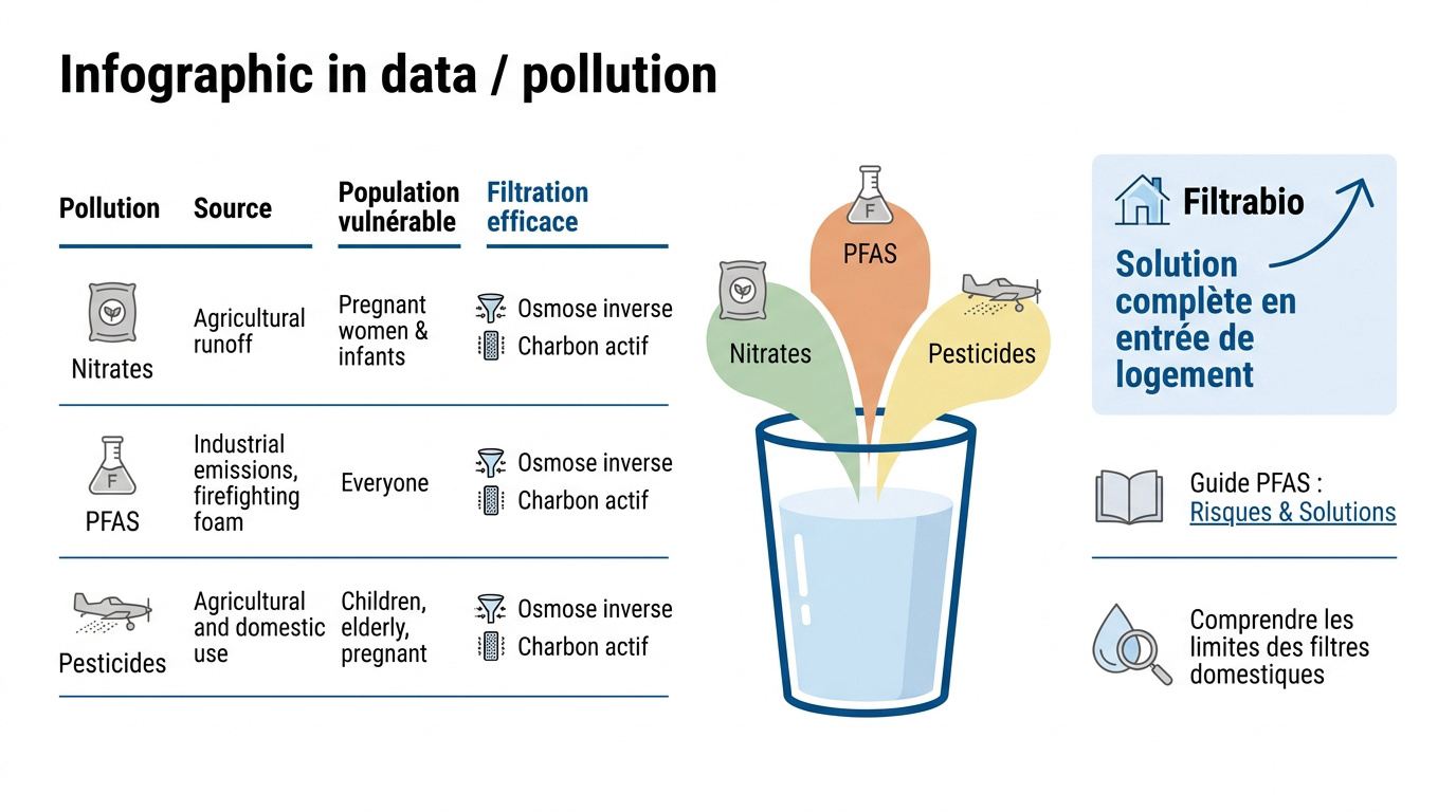 Infographie détaillant les pollutions de l'eau comme les nitrates et les PFAS avec les solutions de filtration adaptées