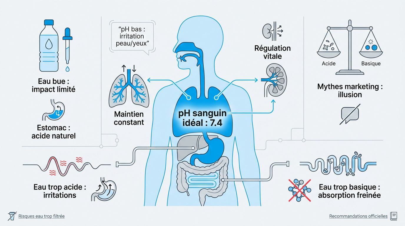 Schéma expliquant la régulation du pH sanguin et l'impact de l'eau de boisson sur le corps humain