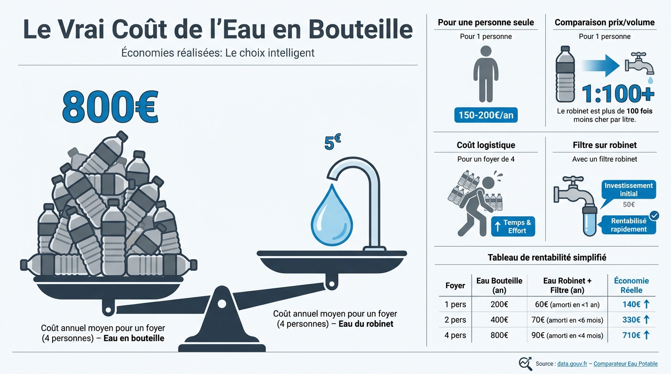 Infographie comparative des coûts entre l'eau en bouteille et l'eau du robinet