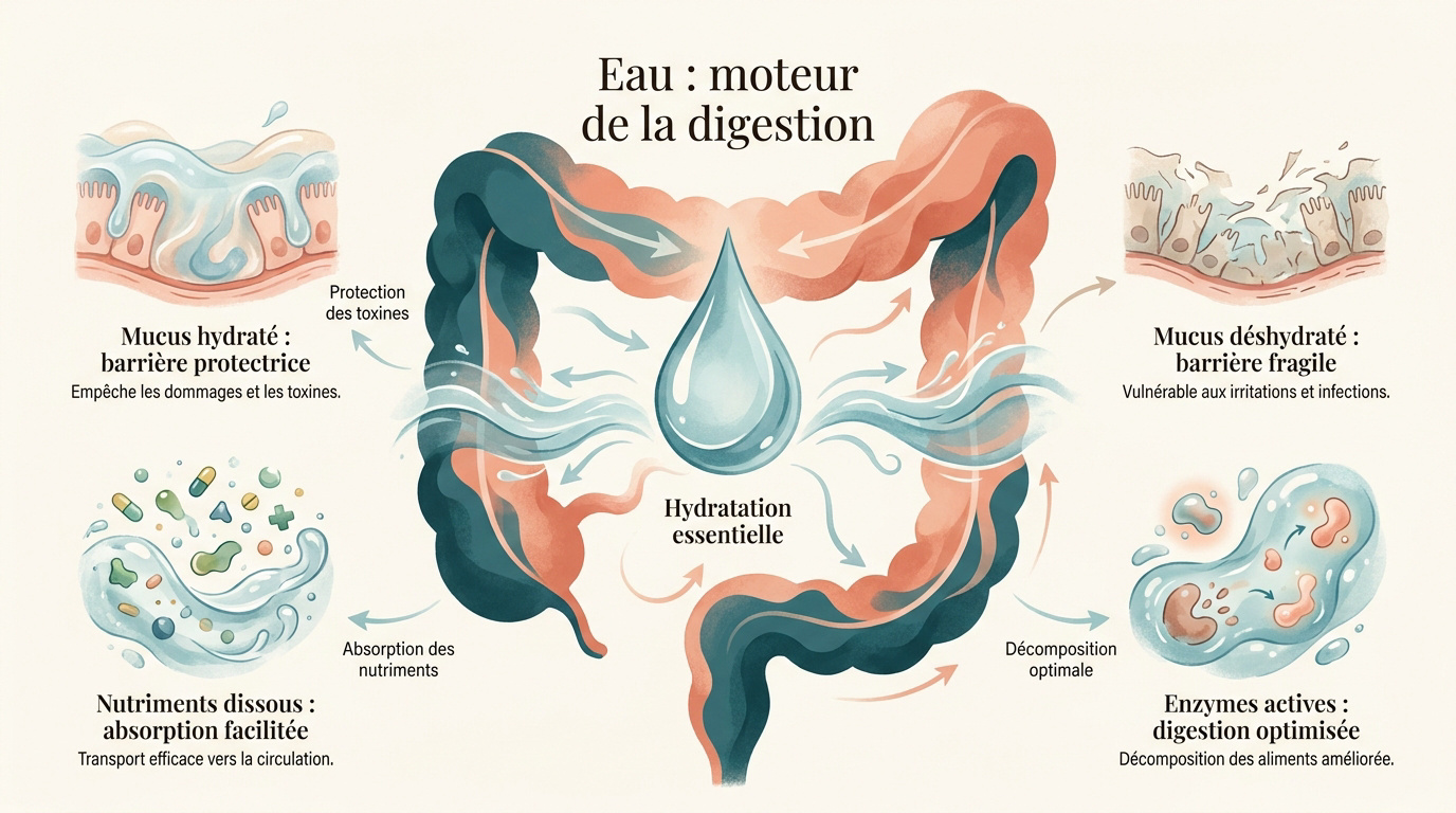 Représentation de l'eau circulant dans le système digestif pour illustrer l'hydratation intestinale