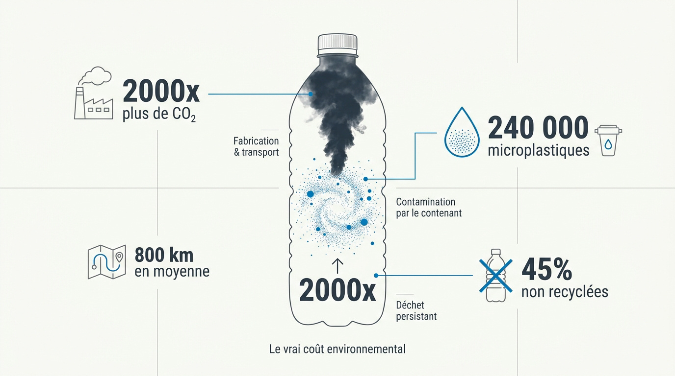 Infographie montrant les coûts cachés et l'impact écologique de l'eau en bouteille plastique
