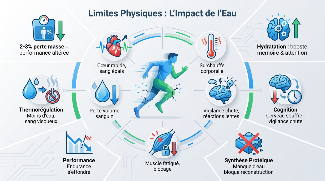 Schéma illustrant l'impact de la déshydratation sur les capacités physiques et le volume sanguin