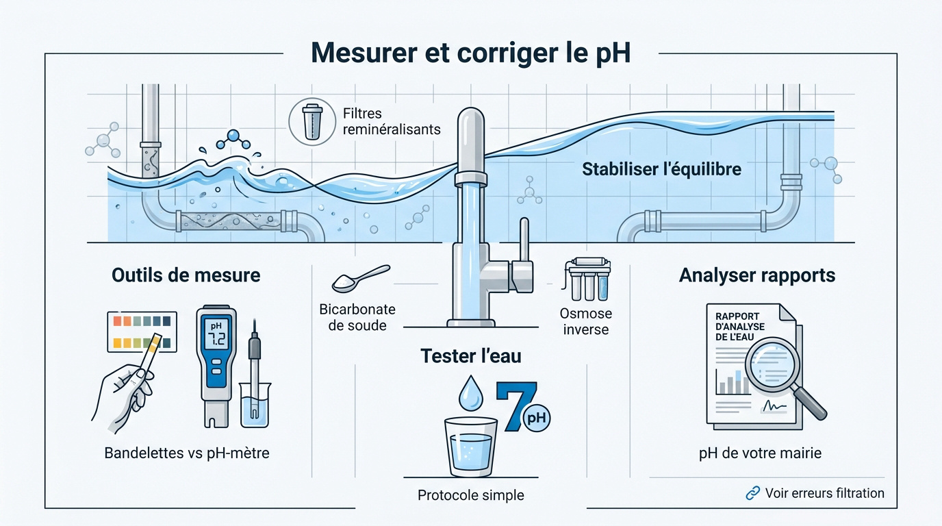 Test de pH de l'eau du robinet avec un testeur électronique et des bandelettes colorimétriques